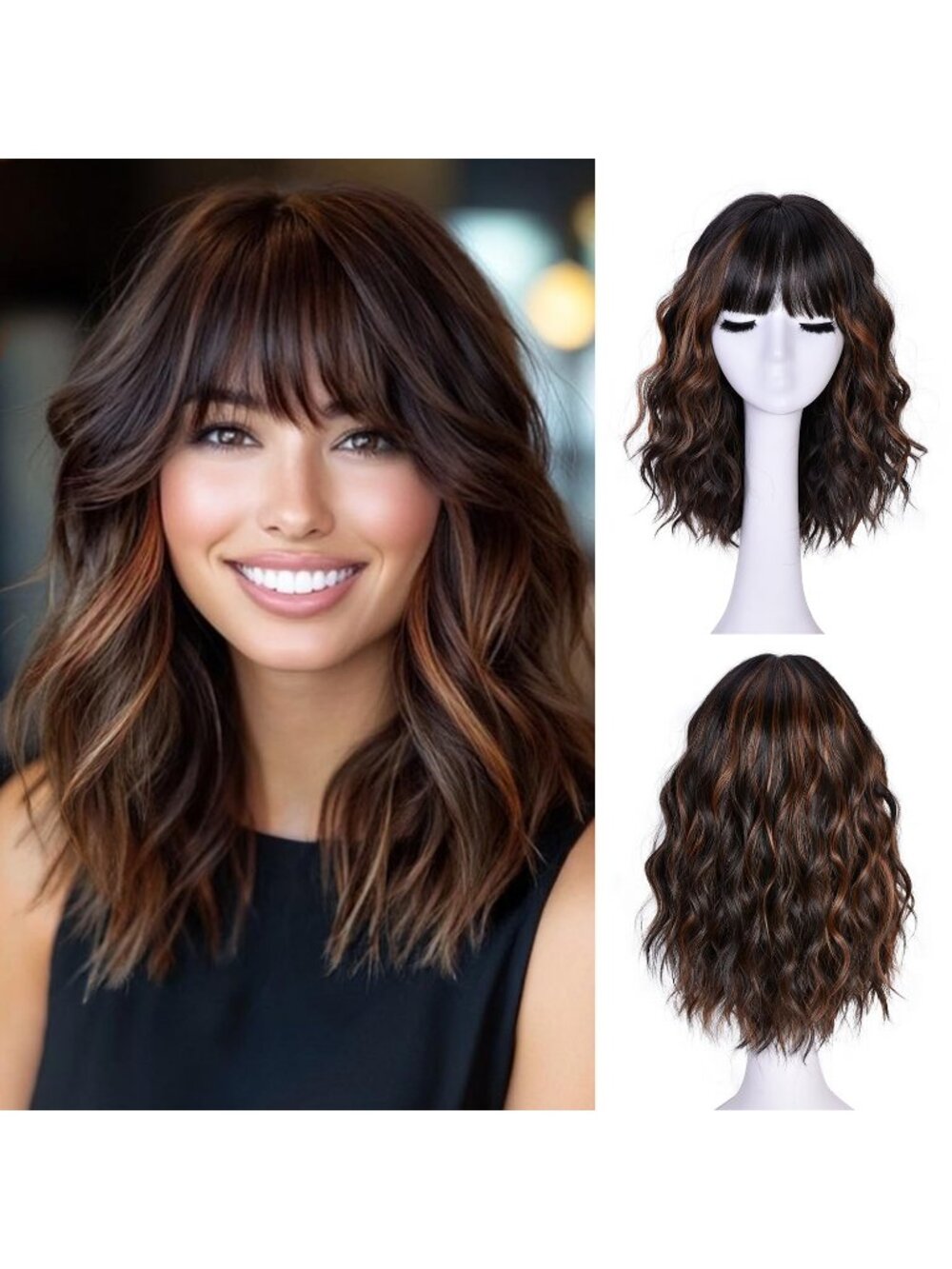 Women's Brown Highlight 14 Inch Natural Synthetic Short Curly Wavy Fiber Wigs